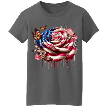 Picture of American Flag Bleeding Rose with Butterflies Unisex T-Shirt