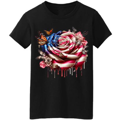 Picture of American Flag Bleeding Rose with Butterflies Unisex T-Shirt