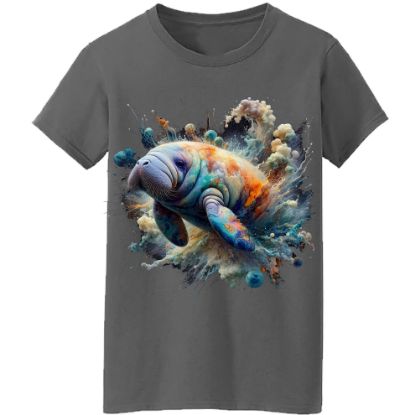 Picture of Cosmic Splash Manatee T-Shirt - Vibrant Oceanic Art