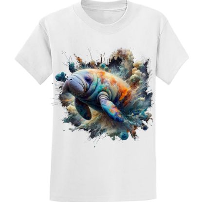 Picture of Cosmic Splash Manatee T-Shirt - Vibrant Oceanic Art